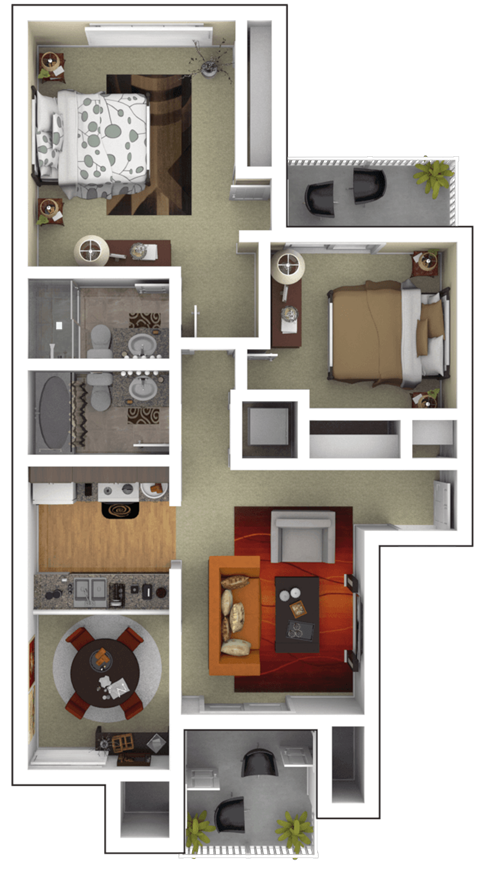 Floor plan for 2 beds, 2 baths, 930 sqft